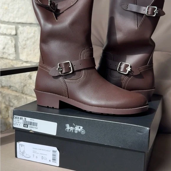 Coach Dawn Leather Moto Boots Maple Brown Size 7B | Buckle Riding Boot | New - Picture 1 of 2